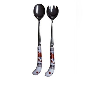 House of Prill Stainless Sheffield England Porcelain Salad Utensils Serving Set
